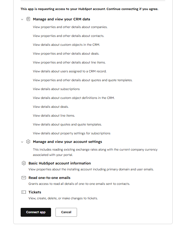 HubSpot OAuth consent screen showing the scopes Renewal Radar requests, including Company records and their properties, contacts and associated email activity metadata, deals, optional renewal-source objects, owners and tickets.