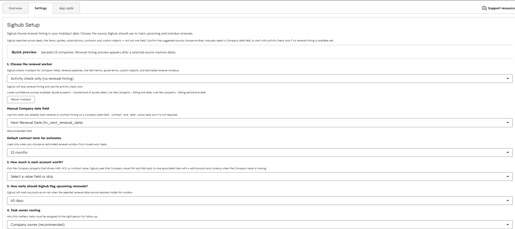Sighub setup screen inside HubSpot settings showing options to choose the renewal anchor, a manual Company date field, default contract term, account value, renewal alert window and task owner routing.