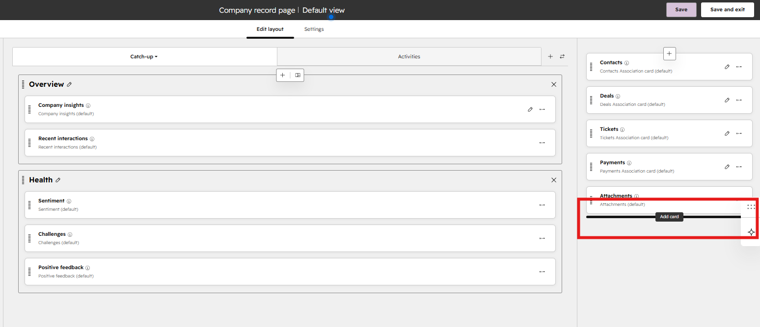 HubSpot Company record layout editor in Edit layout mode, with the right sidebar's Add card button highlighted for adding a new card.