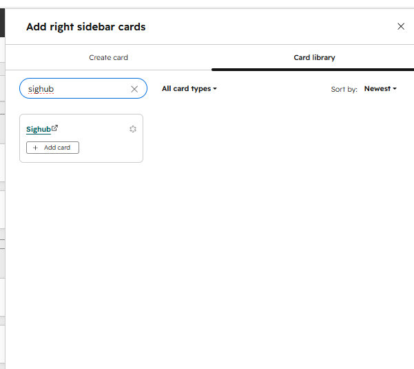HubSpot Add right sidebar cards dialog used to add the Renewal Radar Company card.